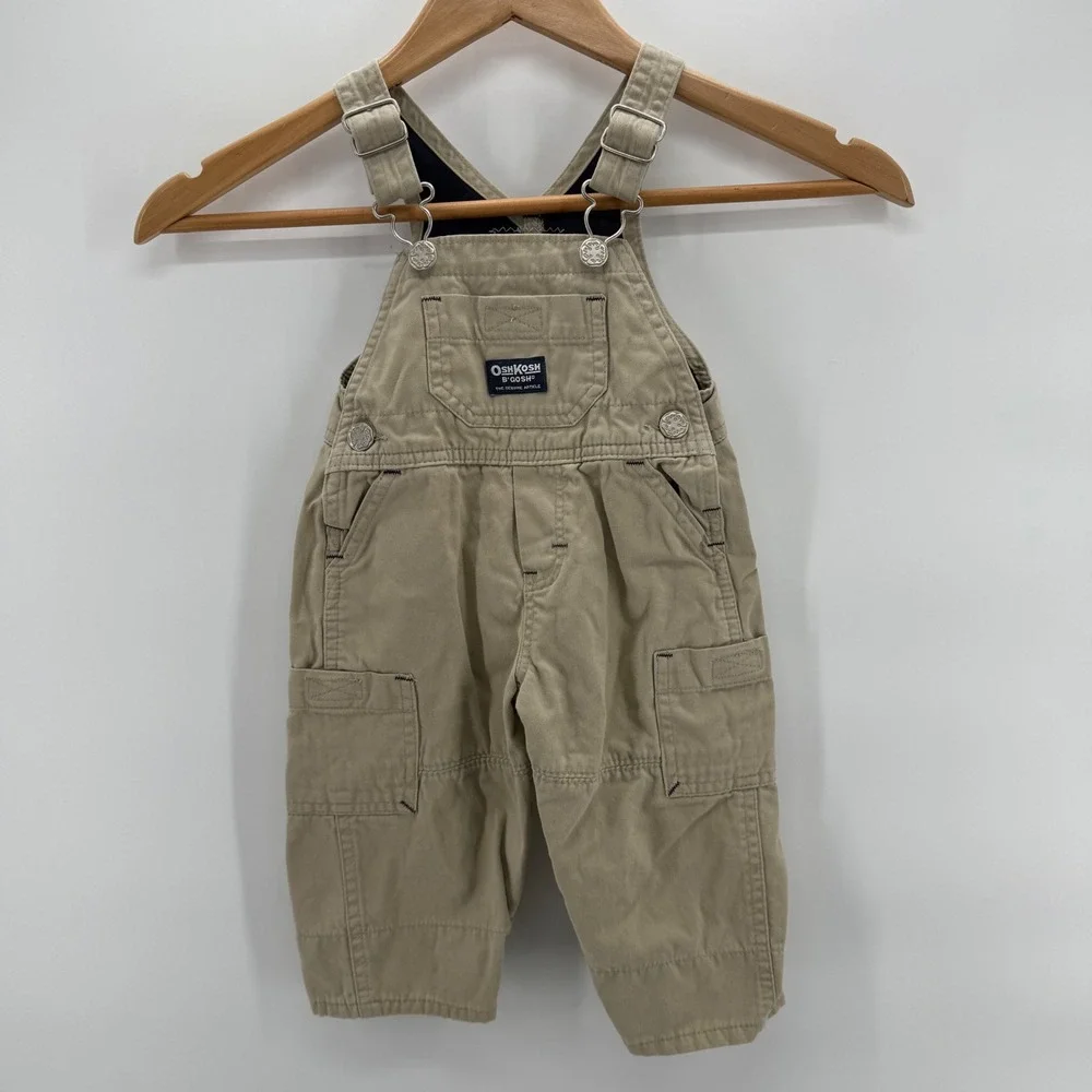 OshKosh BGosh Baby Toddler Boy's Khaki Cotton Overalls Vestbak Sz 12 Months‎ Y2K